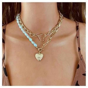 Hängsmycke Halsband 2021 Retro Imitation Pearl Necklace Kvinnors Golden Love Gift Fashion 2 Layer Smycken Grossist