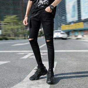 Jeans Men Hole Pencil Ankle-length Casual All-match Fashion Slim Mid Waist Zipper Fly Korean Style Young Denim Solid Male Young X0621