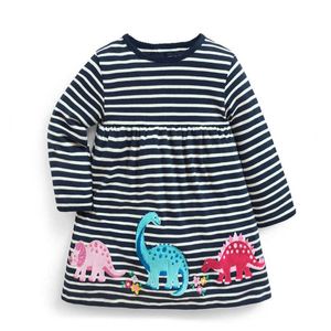 Jumping Meter Dinosaurier Baby Kleider Mädchen Herbst Kleidung Applikation Tiere Kinder Langarm Streifen Kind Kleid 210529