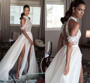 Elihav Sasson Bohemia Najnowszy Sexy Beach Suknie ślubne Wysokiej szyi Off Ramię Delikatne Zroszony Szyfon Split Backless Wedding Suknia