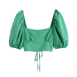 Sólida Verde Slow Sleeve Senhora Blusa Summer Drawstring Slim Mulheres Sexy Mulheres Short Camisas Fashion Chic Backless Girl 210430