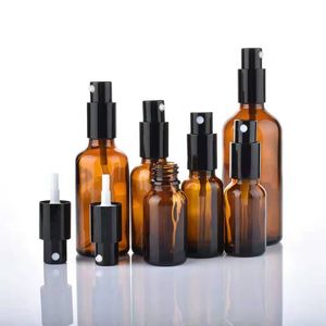 Partihandel Amber Glass Essential Oil Perfume Spray Flaskor med kvalitet Svart Fine Mist Atomizer Sprayer / Lotion Pump Top, 5ml-100ml