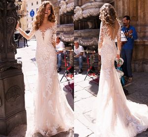 Elegant Lace Appliqued Long Sleeve Wedding Dresses Mermaid 2021Back Illusion Princess Bridal Gowns with Train vestido de noiva