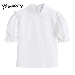 yitimuceng白いブラウス女性ビンテージシャツ緩い夏のファッション服ジッパーレディーストップスパフスリーブ食用ツリー菌210601