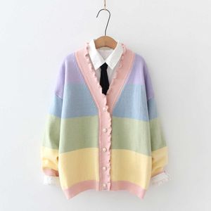 Frauen Strickjacke Gestrickte Pullover Regenbogen Patchwork V-ausschnitt Einreiher Casual Kleidung Sommer Süße Stil Weibliche Tops 210922