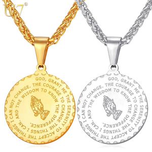 U7 Bible Verse Coin Medal Brand Praying Hands Pendants Necklaces for Men Gold color Stainless Steel Chain Christian Jewelry P102