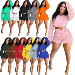 Frauen T-Shirt Langarm Sexy Hemd Kurze Hosen Casual Frauen Tuch Sport Anzug Zwei Stücke Mode Oansatz Solide Tops anzüge Sets AC1129