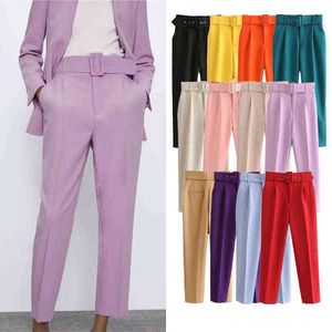 High Waist Women Belt Pants Elegant Solid Femme OL Style High Waist Sashes Pockets Office Lady Suit Pants Trousers Mujer Y211115