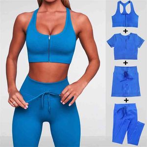 Zipper Seamless Yoga Set Women Feamle Two Piece Crop Top Bra Drawstring Shorts Sportsuit Workout Outfit Sport Fitness Gym Wear 210802