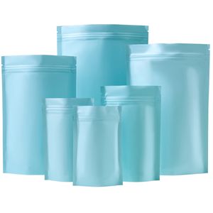 Sacchetto di alluminio opaco blu cielo con cerniera Stand Up Tear Notch Coffee Candy Sacchetto di imballaggio riutilizzabile richiudibile LX4225