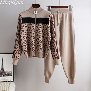 Tuta da donna Leopard Knit Cardigan Tops + Pants Suit 2PCS Set Giacca a maniche lunghe Cappotto Donna Casual Maglione Pantaloni Tute 210428