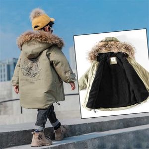 Meninos Casaco de Inverno Adolescente Infantil Grosso Down Jacket Roupas Pele Parkas Polvidas 4-14T 211203