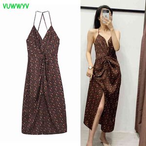 Vuwwyv Red Cherry Print Midi Dress Women Backless Strap Evening Party Dresses Kvinna Ärmlös Pläterade Eleganta Klänningar 210430