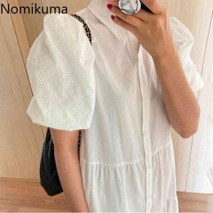 Nomikuma Woman Blouse Dress Lace Hook Puff Sleeve Patchwork Vestidos Femme Korean Causal Turn-down Collar A-line Dresses 6G284 210427