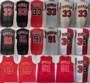 Uomo Basket Dennis Rodman Maglie 91 Scottie Pippen 33 Uniform Pant Short Vintage All Stitched Team Color Away Rosso Nero Bianco Beige