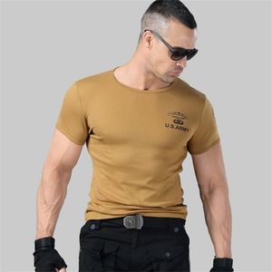 Mäns Armé T Shirt Sommar Militär Bomull T-shirt Body Sculpting Kortärmad Hög Elasticitet Stretch Slim Fit Male Tshirt 210716