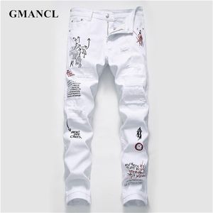 Män streetwear personlighet rippad tryckt vit skinny jeans hip hop punk casual motorcykel stretch denim jeans byxor 210716