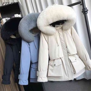 Natural Raccoon Fox Fur Hooded Inverno Down Casaco Mulheres 90% Branco Pato Jaqueta Grosso Parkas Quentes Feminino 210430