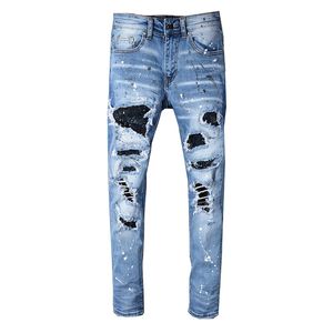 Rahat Yüksek Kaliteli Erkekler Kot Vintage Delik Denim Pantolon Sıkıntılı Slim Fit Motosiklet Biker Adam Için