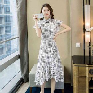 Fashion Chinese Style Vintage Elegant Women Stand Collar Summer Ruffles Dot Ladies Casual Mid-Calf Dresses Vestidos 210514