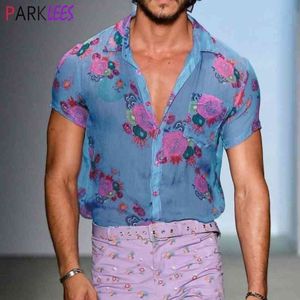 Sexy Floral See Through Lace Shirt Men Fashion Short Sleeve Transparent Dress Shirts Mens Party Hawaiian Beach Wear Shirt 210522