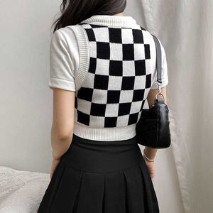 Sådjiga Argyle Tryckade Kvinnor Sweater Vest Preppy Style Girls Ärmlös Stickning Y2K Crop Tops Slim V Neck Lady Top Streetwear Y0825