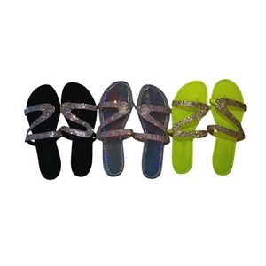 Kvinnor glider sandaler slipper sommarkristall platt sandal brev z sequins band tofflor öppna tå glida damer mode strand icke-slip skor stor storlek EU35-43 NO08