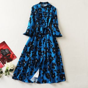 2022 Spring Summer 3/4 Sleeve Stand Collar Blue Floral Print Belted Single-Breasted Mid-Calf Dress Elegant Casual Dresses Plus Size XXL 21O301027