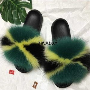 GAI GAI GAI Women's Winter Warm Plush Shoes Kids/children's Real Fur Slides Fluffy Raccoon Slippers Ry Sandals Ladies Flip Flops 211110