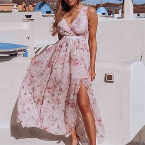 Spring Summer Chiffon Dress Women Sexy Deep V-neck Floral Print Boho Elegant Sleeveless Split Long es Maxi 210427