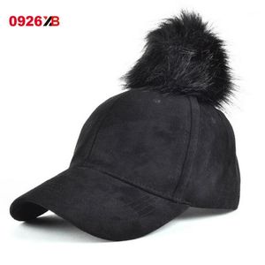 Ball Caps Women Faux Fur Pompom Baseball Suede Regulowana czapka Hip-Hop Hat 2021 Style mody Gorros para el sol