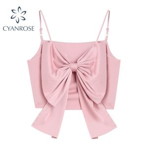 Elegant söt stor båge camisole sexig ärmlös baksida korsett grödor toppar kvinnor rosa kort sommar mode kvinna 210515