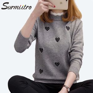 Surmitro Heart Haft Winter sweter Kobiety do jesieni Koreański Dzianiny Jumper Damper Pullover Kobiet Knitwear 210712