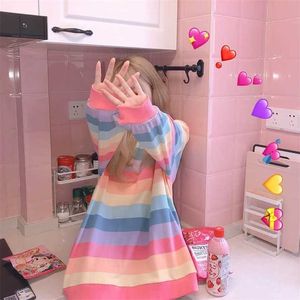Kvinnors Jacka Höst Vinter Rainbow Striped Långärmad Hoodless Shirt Harajuku Kvinna Student Koreansk version Lös Tunna 211013