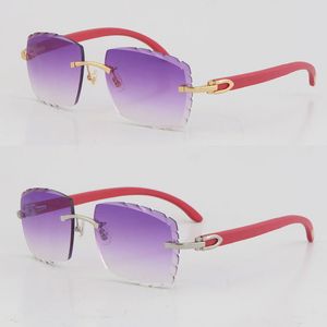 Selling Rimless Red Wood C Decoration Vintage Luxury Sunglasses Square shape face Carving Lens Unisex driving glasses 18K gold metal frame Eyewear male and female