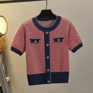 Mulheres verão luxo marca desenhos vintage camisola de malha mujer fêmea botão de diamante de manga curta pullover tops puxar femme 210514