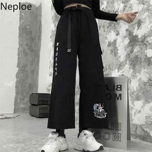 Neploe japonês calças largo perna cargo harajuku desenho animado cintura streetwear estiramento de verão cintura com cinto 210915