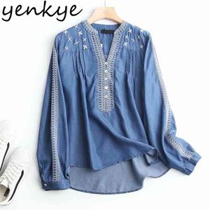 Dorywczo Lato Denim Bluzka Kobiety Z Długim Rękawem V Neck Haft Vintage Blue Shirt Femme Blusas Plus Size Topy 210514