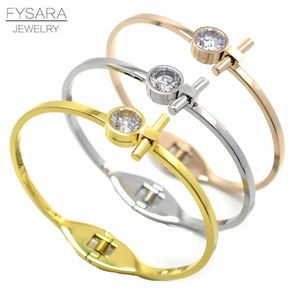 Fysara Trendy Strip Round Austrian Crystal Bangles & Bracelets Stainless Steel Bangles Women Classic Brand Cuff Bangle Wholesale Q0717