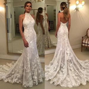 Lace Mermaid Gorgeous Wedding Dresses Bridal Gown Sexy Halter Appliqued Sweep Train Custom Made Plus Size Covered Buttons Back Vestidos De Novia