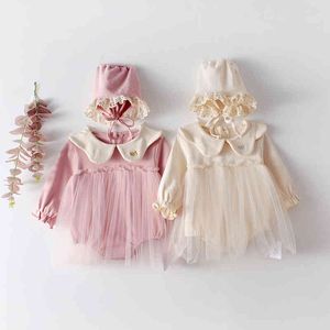0-2Yrs Baby Girls Rompers Spring Boys Bodysuits Long Sleeve Collar Embroidered Mesh Cotton Little Clothing 210429