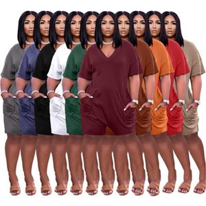 Kvinnor Solid Färg Lös Rompers Fashion Trend V-Neck Plus Size Short Sleeve Tops Shorts Designer Kvinna Sommar med Fickor Casual Jumpsuits