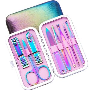 8st Rainbow Rostfritt stål Nail Clippers Set Professional saxdräkt med låda Trimmer Grooming Manicure Cutter Kits