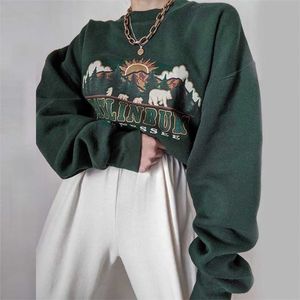 QWEEK Y2K Vintage Green Mulheres Hoodies Oversize E Girl Aesthetic Print Sweatshirt Autumn 90S Street Pullover de manga longa 211220