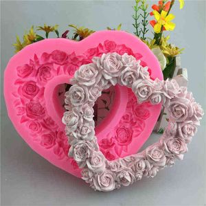 Large Rose Heart Wreath Silicone Food good Mold Big Heart Shaped Rose Silicone Mold Cake Decorating Tools Soap Cake Mould 211110