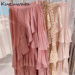 Kuzuwata japan stil vintage polka dot kvinnor kjol oregelbundna ruffles femme jupe hög midja bodycon mittlängd chiffong kjolar 210629