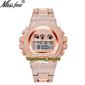 MissFox Eternity V304 Hip Hop Mens Klockor Multi-Function CZ Diamant Inlay Digital Dial Electronic Movement Men Watch Iced Out Diamonds Alloy Case Rose Gold Strap