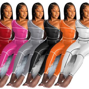 Omuz Gerginliği toptan satış-Bayan Seksi İki Parçalı Eşofman Set Eğimli Omuz Ince Kırpma Üst Tayt Sıska Pantolon Spor Takım Elbise Moda Katı Renk Konu Streç Spor Gym Giyim Giyim
