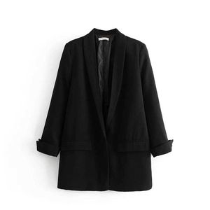Blazer kadın mizaç katı renk uzun bölümde tek toka ince takım elbise casual kadın ceket ofis gömlek 210527
