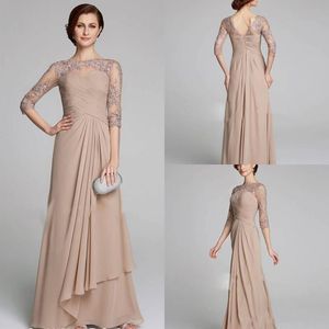 Modest Champagne Mother of the Bride Dresses Plus Size Ruched Lace Applique A Line Chiffon Wedding Guests Dress Mothers Formal Gowns